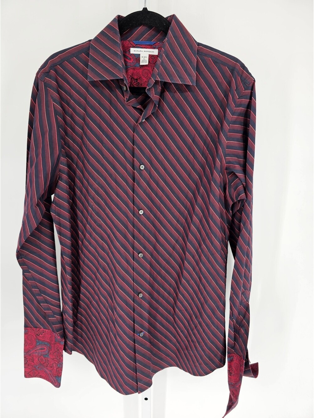 Banana Republic Mens Sz L Long Sleeve Button Up Dress Shirt Red Blue Striped